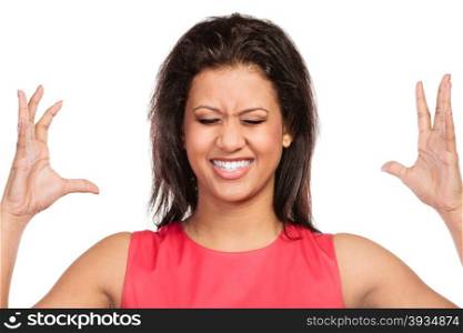 Angry mixed race woman screaming.. Portrait of angry upset furious mixed race woman girl screaming shouting isolated on white. Expression.