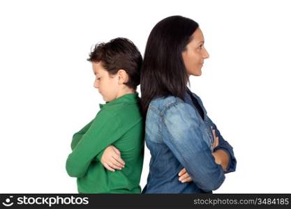 Angry mother and son isolated on white background