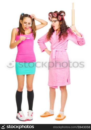 Angry mother and worried daughter with pregnancy test isolated