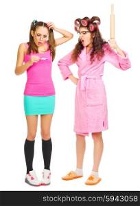 Angry mother and worried daughter with pregnancy test isolated