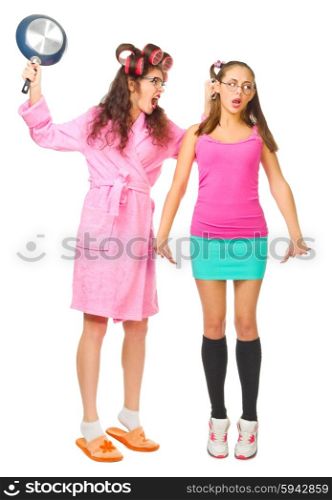 Angry mother screams to her daughter isolated