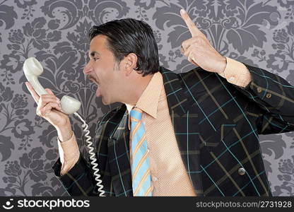 Angry nerd businessman retro telephone call shouting profile wallpaper