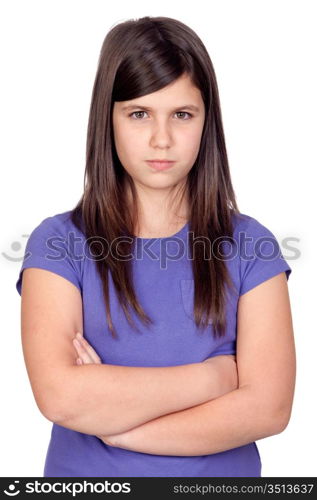 Angry preteen girl isolated on white background