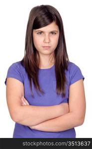 Angry preteen girl isolated on white background