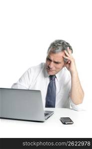 angry sad senior gray hair businessman laptop computer hand gesture