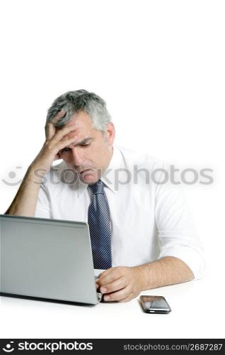 angry sad senior gray hair businessman laptop computer hand gesture