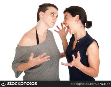 angry sisters in their 30s arguing and yelling with each other, isolated on white background