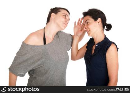 angry sisters in their 30s arguing with each other, isolated on white background