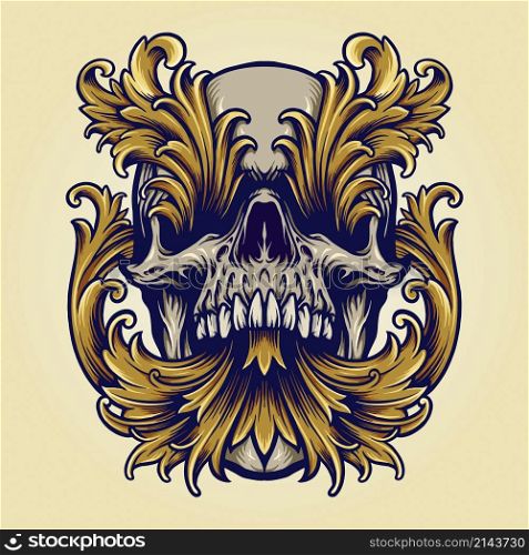 Angry Skull Victorian Gold Ornaments Vector illustrations for your work Logo, mascot merchandise t-shirt, stickers and Label designs, poster, greeting cards advertising business company or brands.