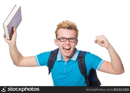 Angry student with books isolated on white