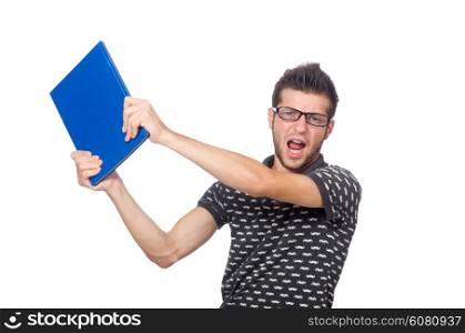 Angry student with books isolated on white