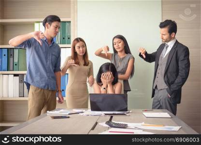 angry team colleague blaming frustrated businesswoman in meeting office, selective focus