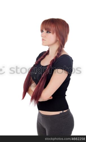 Angry teenage girl dressed in black with a piercing isolated on white background