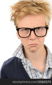 Angry teenage nerd boy wearing geek glasses against white background