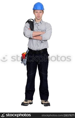 Angry tradesman with crossed arms