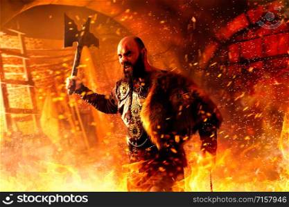 Angry viking with axe dressed in traditional nordic clothes fighting in fire, battle in castle. Scandinavian ancient warrior