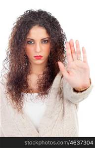 Angry woman with curly hair saying Stop isolated on a white background