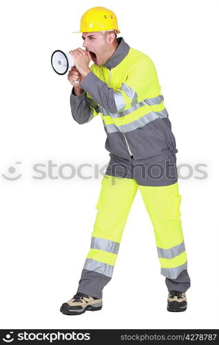 Angry worker with megaphone