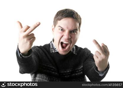 angry young man shows middle fingers isolated on white background. focus on hands