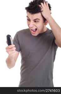 angry young man yelling at mobile phone isolated on white background