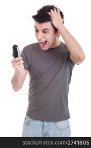angry young man yelling at mobile phone isolated on white background