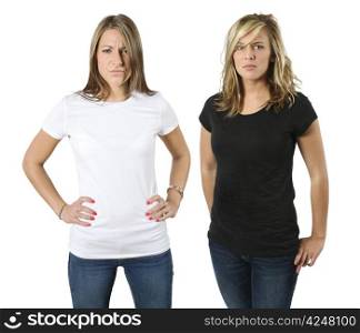 Angry young women posing with blank white and black shirts. Ready for your design or logo.