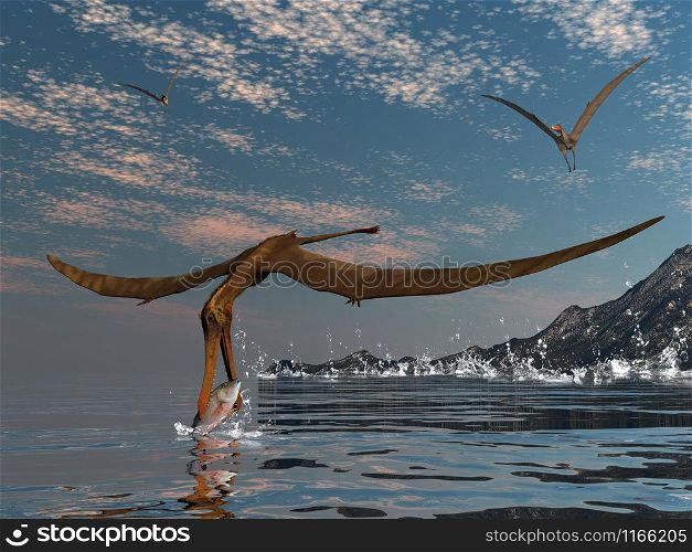 Anhanguera prehistoric birds fishing on the shoreline - 3D render. Anhanguera prehistoric birds - 3D render