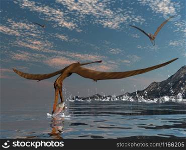 Anhanguera prehistoric birds fishing on the shoreline - 3D render. Anhanguera prehistoric birds - 3D render