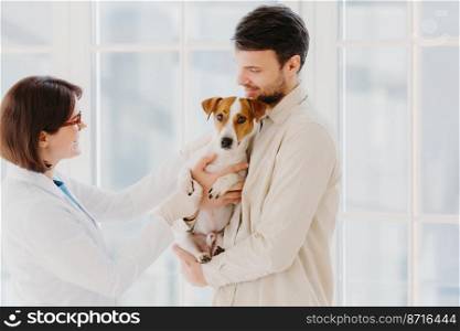 Animal care and diagnosis concept. Shot of vet, dog owner and jack russell terrier pose in veterinarian clinic, doctor examines sick animal, gives prescriptions, stand in medical office or hospital