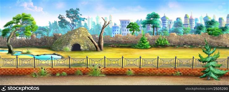 Animal enclosure in zoo and wildlife park. Digital Painting Background, Illustration.. Enclosure for wild animals in the zoo 01
