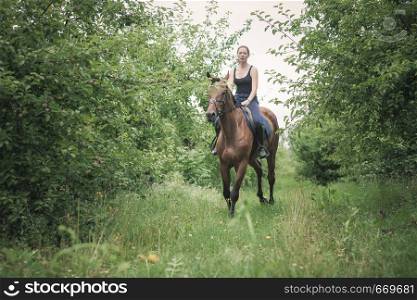 Animal, horsemanship concept. Young woman ridding on a horse through garden on sunny spring day. Young woman ridding on a horse