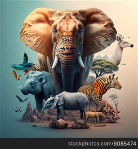Animal Kingdom Diversity. Illustration of Different Species Coexisting in a Vibrant Ecosystem. Generative AI