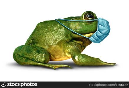 Animal protection and wildlife welfare as a frog wearing a medical mask to protect animals from environmental protection in a 3D illustration style.