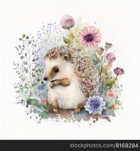 Animal Watercolor baby flower Hedgehog Woodland Nursery. Illustration Generative AI 