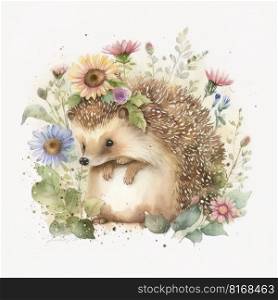Animal Watercolor baby flower Hedgehog Woodland Nursery. Illustration Generative AI 