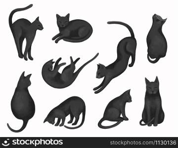 Animalistic collection. Beautiful black cats in different poses isolated on a white background. Delicate pet set for various designs. Textured digital drawing.
