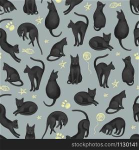 Animalistic seamless pattern. Beautiful black cats in different poses on a blue background. Delicate wallpaper for various applications.