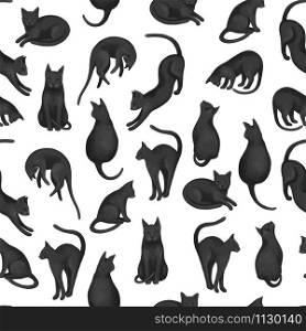 Animalistic seamless pattern. Beautiful black cats in different poses on a white background. Delicate wallpaper for various applications.