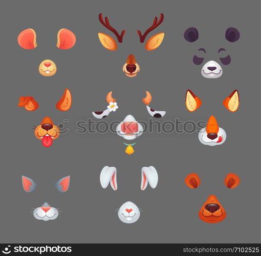 Animals for phone app. Funny animal filter masks with cartoon funny ears and noses selfie or avatar anonymous puppy kitty deer rabbit cat dog ear photo mask video effect. Vector isolated icon set. Animals for phone app. Funny animal filter masks with ears and noses. Vector set