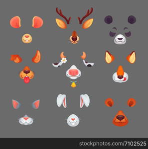 Animals for phone app. Funny animal filter masks with cartoon funny ears and noses selfie or avatar anonymous puppy kitty deer rabbit cat dog ear photo mask video effect. Vector isolated icon set. Animals for phone app. Funny animal filter masks with ears and noses. Vector set