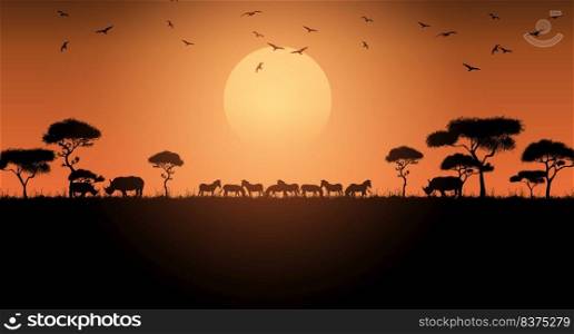 Animals savannah. Landscape africa. Sunset Safari. Vector illustration