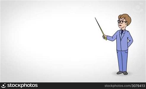 Animated 2D Character Boy with glasses dressed in a suit (Schoolboy, Pupil, Student, Disciple, Learner...) standing on the side and says pointing at the center of the composition. Character in full growth. The character is drawn with a smooth outline. White background. Animation looped.