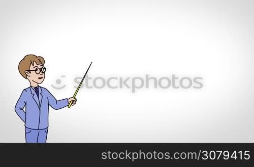 Animated 2D Character Boy with glasses dressed in a suit (Schoolboy, Pupil, Student, Disciple, Learner...) standing on the side and says pointing at the center of the composition. The average plan of the character. The character is drawn with a smooth outline. White background. Animation looped.