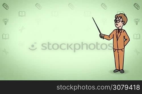 Animated 2D Character Boy with glasses dressed in a suit (Schoolboy, Pupil, Student, Disciple, Learner...) standing on the side and says pointing at the center of the composition. Character in full growth. The character is drawn with a curved animated outline. Green background. Animation looped.