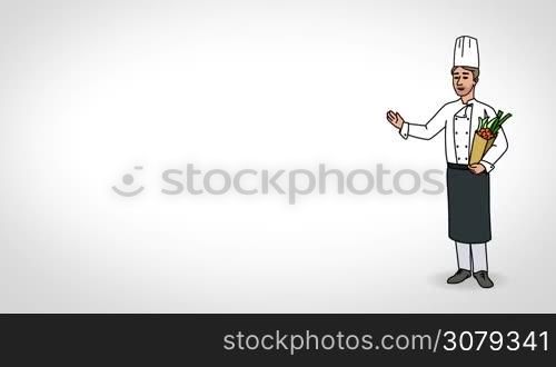 Animated 2D Character Man dressed in a kitchen apron and chef&acute;s hat (chef, cook, caterer&#8230;) standing on the side and says pointing at the center of the composition. Character in full growth. The character is drawn with a smooth outline. White background. Animation looped.