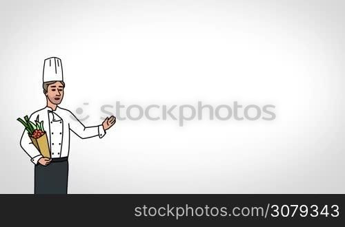 Animated 2D Character Man dressed in a kitchen apron and chef&acute;s hat (chef, cook, caterer&#8230;) standing on the side and says pointing at the center of the composition. The average plan of the character. The character is drawn with a smooth outline. White background. Animation looped.