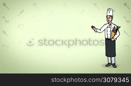 Animated 2D Character Man dressed in a kitchen apron and chef&acute;s hat (chef, cook, caterer&#8230;) standing on the side and says pointing at the center of the composition. Character in full growth. The character is drawn with a curved animated outline. Green background. Animation looped.