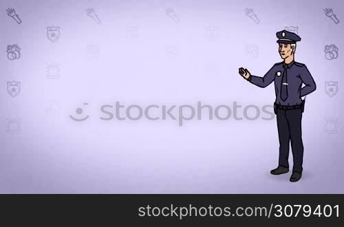 Animated 2D Character Man dressed in a police uniform and cap (Policeman, Cop, Police, Officer, Patrolman...) standing on the side and says pointing at the center of the composition. Character in full growth. The character is drawn with a curved animated outline. Violet background. Animation looped.