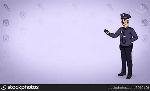 Animated 2D Character Man dressed in a police uniform and cap (Policeman, Cop, Police, Officer, Patrolman...) standing on the side and says pointing at the center of the composition. Character in full growth. The character is drawn with a curved animated outline. Violet background. Animation looped.