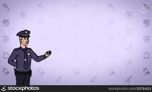 Animated 2D Character Man dressed in a police uniform and cap (Policeman, Cop, Police, Officer, Patrolman...) standing on the side and says pointing at the center of the composition. The average plan of the character. The character is drawn with a curved animated outline. Violet background. Animation looped.